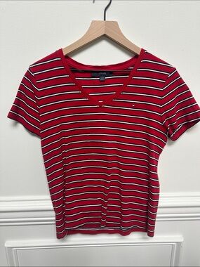 Tommy Hilfiger Red Striped V-Neck Short Sleeve Tee